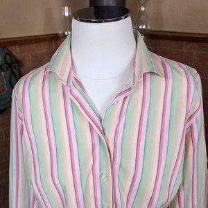 Lands' End Button Front Blouse Pastel Stripes 3/4 Sleeves Sz 12